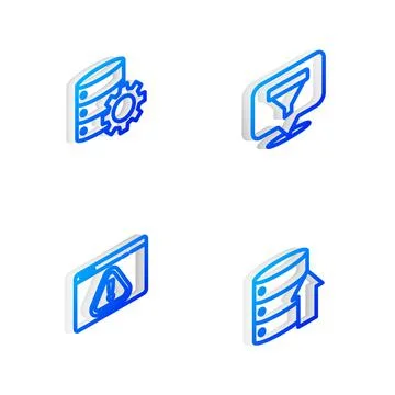 Set Isometric line Location with sales funnel, Server and gear, Browser Stock Illustration