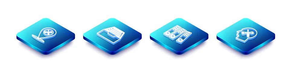 Set Isometric line Location service, Drawer with documents, Office folders and Stock Illustration