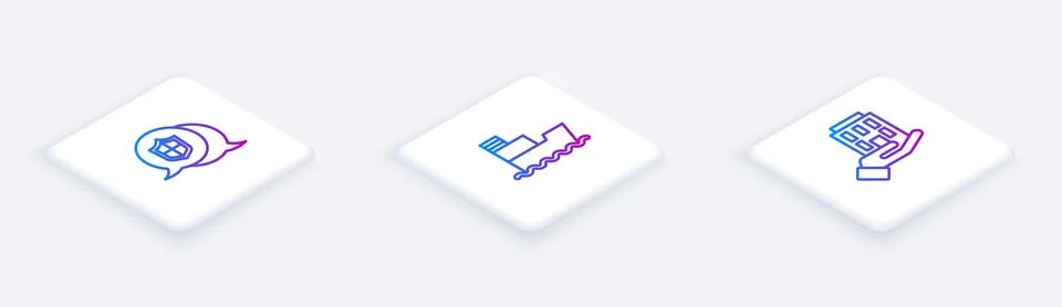 Set Isometric line Location shield, Ship and House in hand. White square button Stock Illustration