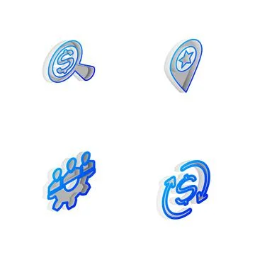 Set Isometric line Location with star, Magnifying glass and dollar, Project team Stock Illustration
