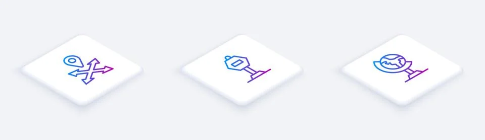 Set Isometric line Location, Stop sign and Earth globe. White square button Stock Illustration