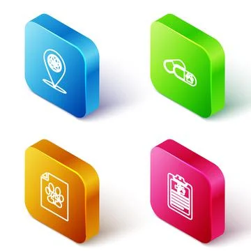 Set Isometric line Location veterinary, Dog and pills, Medical certificate for Illustrazione stock