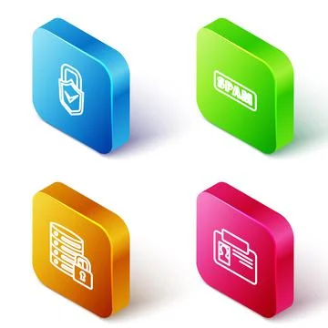 Set Isometric line Lock and check mark, Spam, Server security with lock and Stock Illustration
