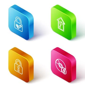 Set Isometric line Lock and check mark, Retro wall watch,  and CD or DVD disk Stock Illustration