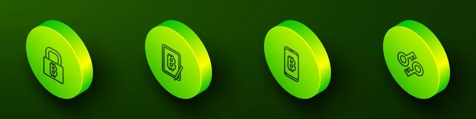 Set Isometric line Lock with bitcoin, Mining from tablet, mobile and Stock Illustration
