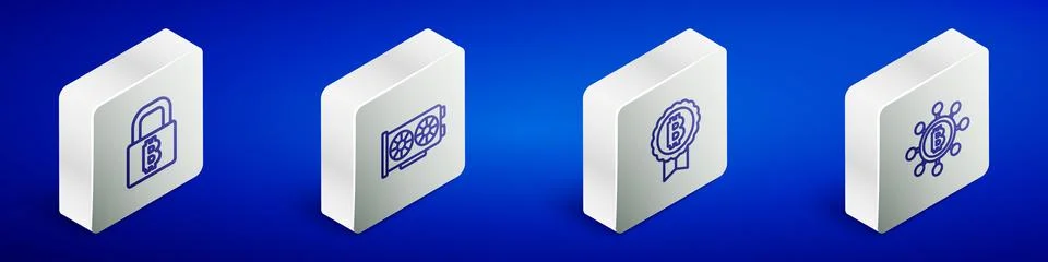 Set Isometric line Lock with bitcoin, Video graphic card, Bitcoin and Block.. Stock Illustration
