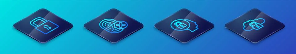 Set Isometric line Lock, Cloud computing lock and Cancelled fingerprint icon 스톡 일러스트
