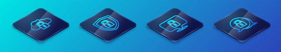Set Isometric line Lock, Cloud computing lock, and Shield security with icon Stock Illustration