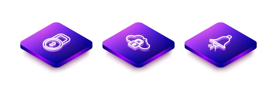 Set Isometric line Lock, Cloud computing lock and Ringing alarm bell icon 스톡 일러스트