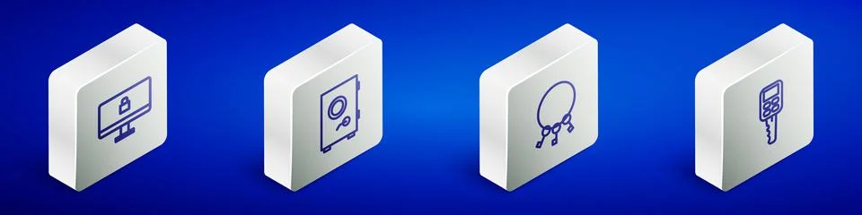 Set Isometric line Lock on computer monitor, Safe, Bunch of keys and Car with Stock Illustration