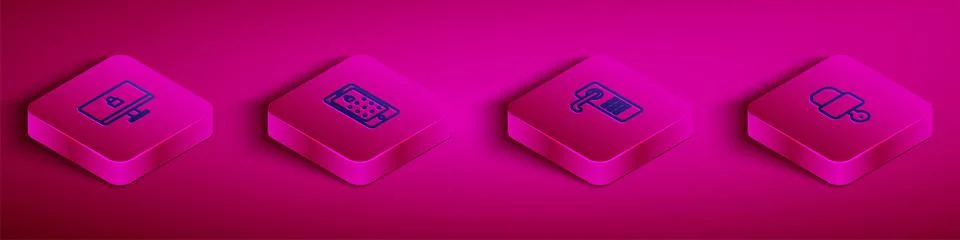 Set Isometric line Lock on computer monitor, Mobile and graphic password Stock Illustration