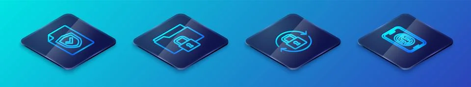 Set Isometric line Lock, Contract with shield, Mobile fingerprint scanner and Stock Illustration