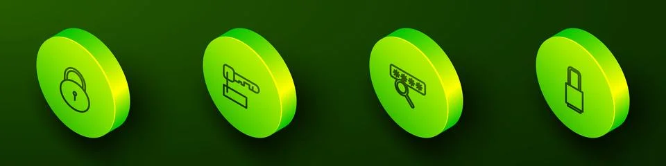 Set Isometric line Lock, Marked key, Password protection and icon. Vector Illustrazione stock