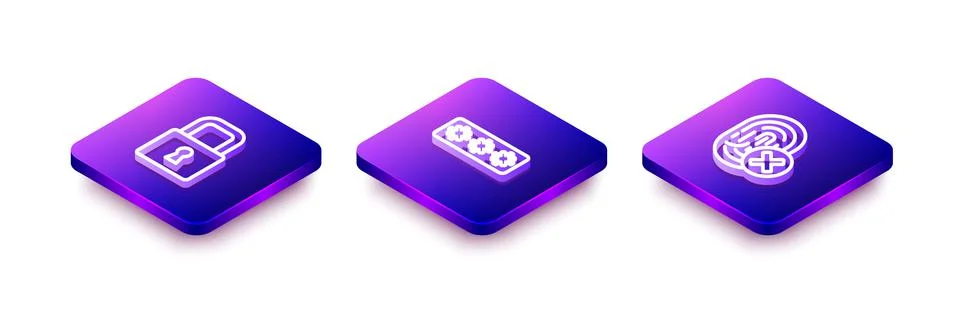 Set Isometric line Lock, Password protection and Cancelled fingerprint icon.  Stock Illustration