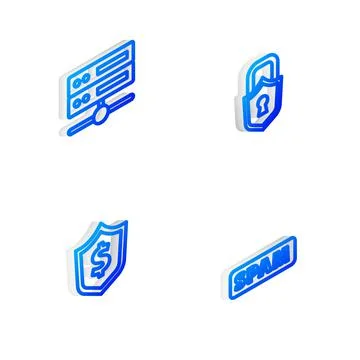 Set Isometric line Lock, Server, Data, Web Hosting, Shield with dollar and Spam Stock Illustration