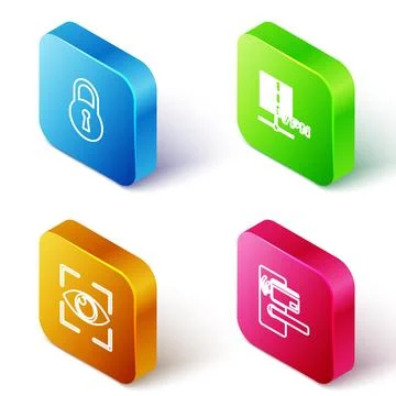 Set Isometric line Lock, Server VPN, Eye scan and Digital door lock with wire Stock Illustration