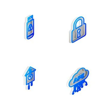 Set Isometric line Lock, USB flash drive with lock, Retro wall watch and Cloud Stock Illustration