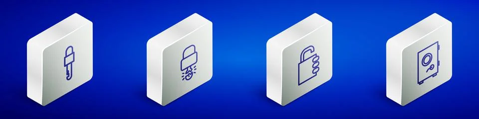 Set Isometric line Locked key, Key broke inside of padlock, Safe combination and Stock Illustration