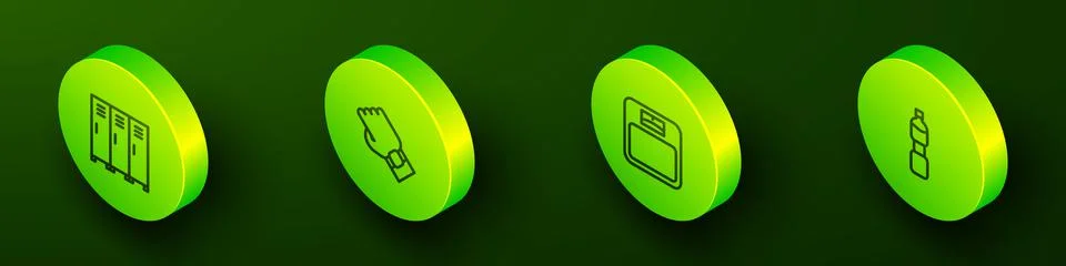 Set Isometric line Locker or changing room, Smart watch on hand, Bathroom scales Stock Illustration