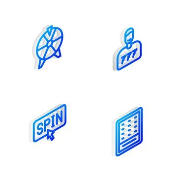 Set Isometric line Lucky player, wheel, Slot machine spin button and Lottery Stock Illustration