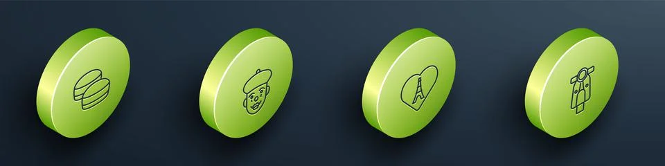 Set Isometric line Macaron cookie, French mime, Eiffel tower with heart and Stock Illustration