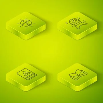 Set Isometric line Magic ball, Ancient magic book, and Sun icon. Vector Ilustração Stock