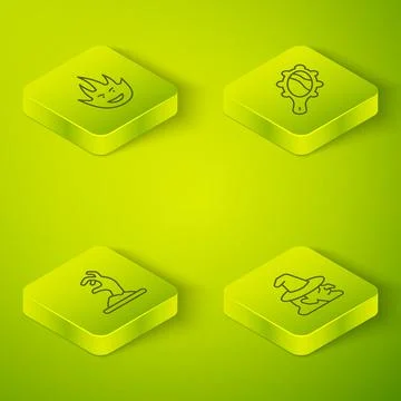 Set Isometric line Magic hand mirror, Zombie, Witch and Fire flame icon. Vector Stock Illustration