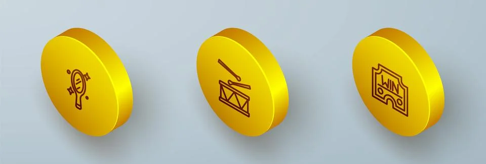 Set Isometric line Magic hand mirror, Drum with drum sticks and Casino win .. Stock Illustration