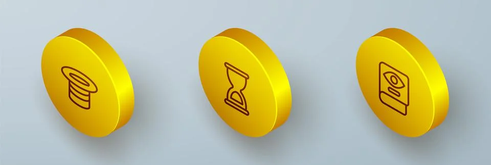 Set Isometric line Magic hat, Old hourglass and Ancient magic book icon. Vector イラスト素材