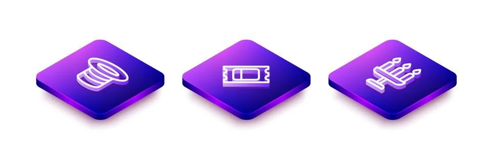 Set Isometric line Magic hat, Circus ticket and Candlestick icon. Vector Stock Illustration