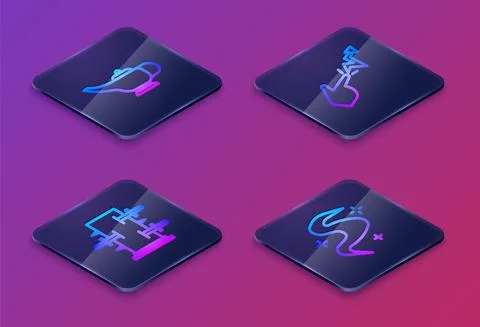 Set Isometric line Magic lamp or Aladdin, Trunk for magic tricks, Spell and fog Ilustração Stock