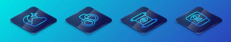 Set Isometric line Magic scroll, Moon and stars, Ancient magic book and Ilustração Stock