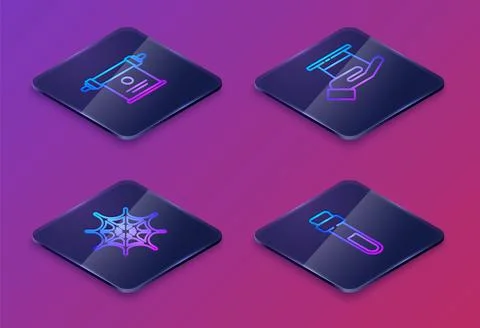 Set Isometric line Magic scroll, Spider web, Magician hat in hand and Bottle  Stock Illustration