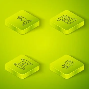 Set Isometric line Magic scroll, , Fireball and Zombie hand icon. Vector Ilustração Stock