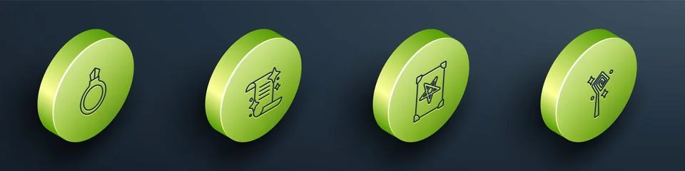 Set Isometric line Magic stone ring with gem, Ancient magic book, and staff icon Ilustração Stock
