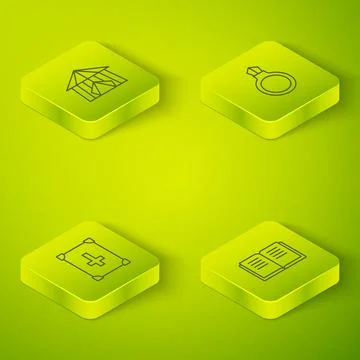 Set Isometric line Magic stone ring with gem, Ancient magic book, and Circus Ilustração Stock
