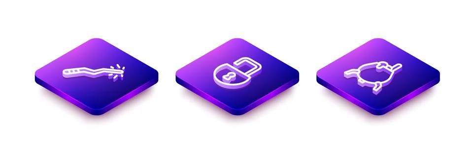 Set Isometric line Magic wand, Open padlock and Witch cauldron icon. Vector Stock Illustration