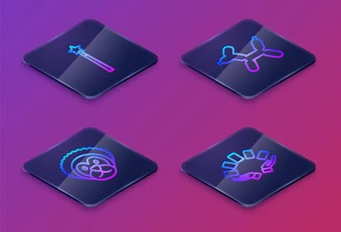 Set Isometric line Magic wand, Wild lion, Balloon dog and Hand holding playing Stock Illustration