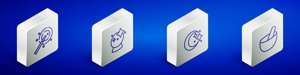 Set Isometric line Magic wand, ball, Moon stars and Witch cauldron icon. Vector Stock Illustration