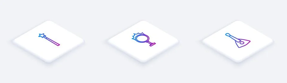 Set Isometric line Magic wand, Circus fire hoop and Balalaika. White square.. Stock Illustration