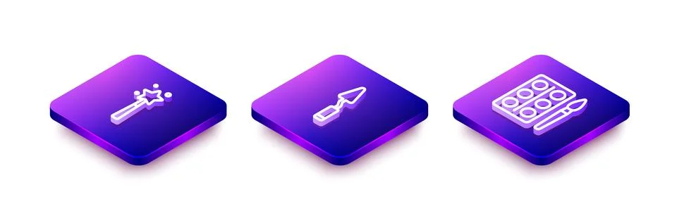 Set Isometric line Magic wand, Palette knife and Watercolor paints in box i.. Stock Illustration