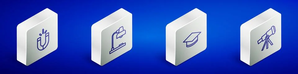 Set Isometric line Magnet, Table lamp, Graduation cap and Telescope icon. V.. Stock Illustration