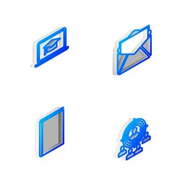 Set Isometric line Mail and e-mail, Graduation cap on laptop, Book and Marketing Stock Illustration