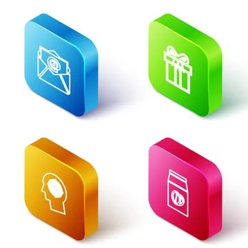 Set Isometric line Mail and e-mail, Gift box, Head hunting concept and Coffee Illustration