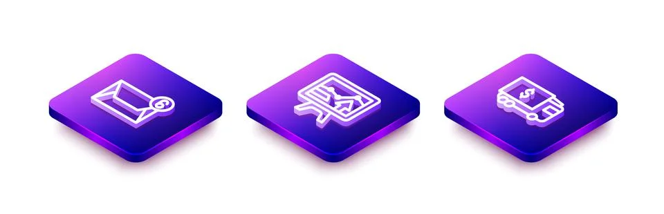 Set Isometric line Mail and e-mail, Monitor with graph chart and Armored truck Stock Illustration