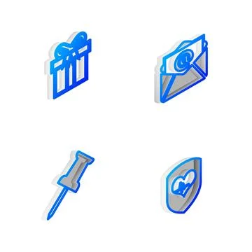 Set Isometric line Mail and e-mail, Gift box, Push pin and Shield heart rate  Illustration