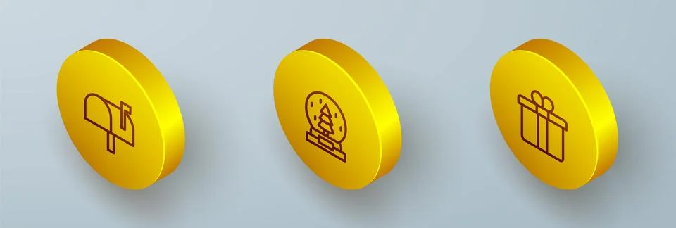 Set Isometric line Mail box, Christmas snow globe and Gift icon. Vector Illustrazione stock