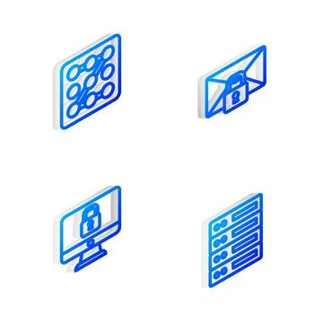Set Isometric line Mail message lock password, Graphic protection, Lock computer Stock Illustration