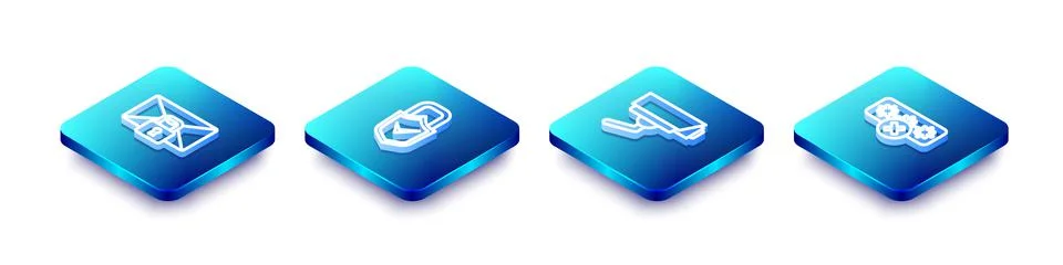 Set Isometric line Mail message lock password, Lock and check mark, Security Stockillustratie