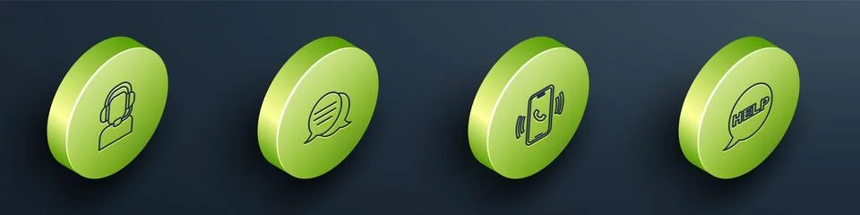 Set Isometric line Man with a headset, Speech bubble chat, Telephone 24 hours Stock Illustration